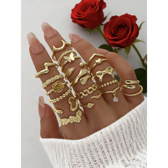 Gold Ring Set With Floral, Bow, Chain And Abstract Charms - 15 Pieces