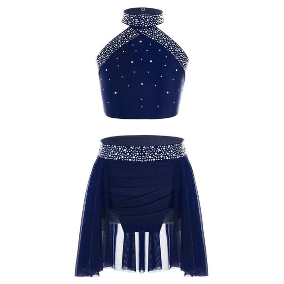 YONGHS Girls Sleeveless Halter Vest and Ruched Irregular Skirt Lyrical Contemporary Dance Costume Navy Blue 6