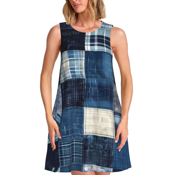 Disketp Indigo Patchwork Quilt para Vestido sin Mangas para Mujeres, Vestidos de Verano para Mujeres, Casual y Holgado para la Playa