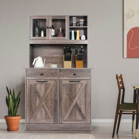 LAZY BUDDY Double Tilt Out Trash Cabinet 2 x 10 gal Solid Wood Hideaway Trash Holder Wooden Free Standing Recycling Cabinets Bin for Kitchen Gray