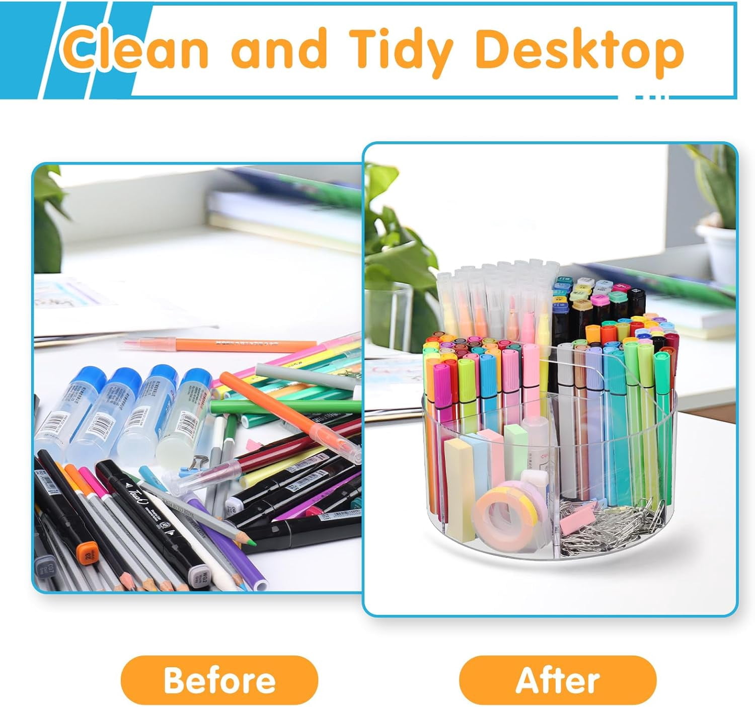 Behome Marker Organizer, 360-Degree Rotating Pencil Holder, Rotating Desk Acrylic Office Organizer with 6 Compartments, Art Supply Storage Organizer for School Home