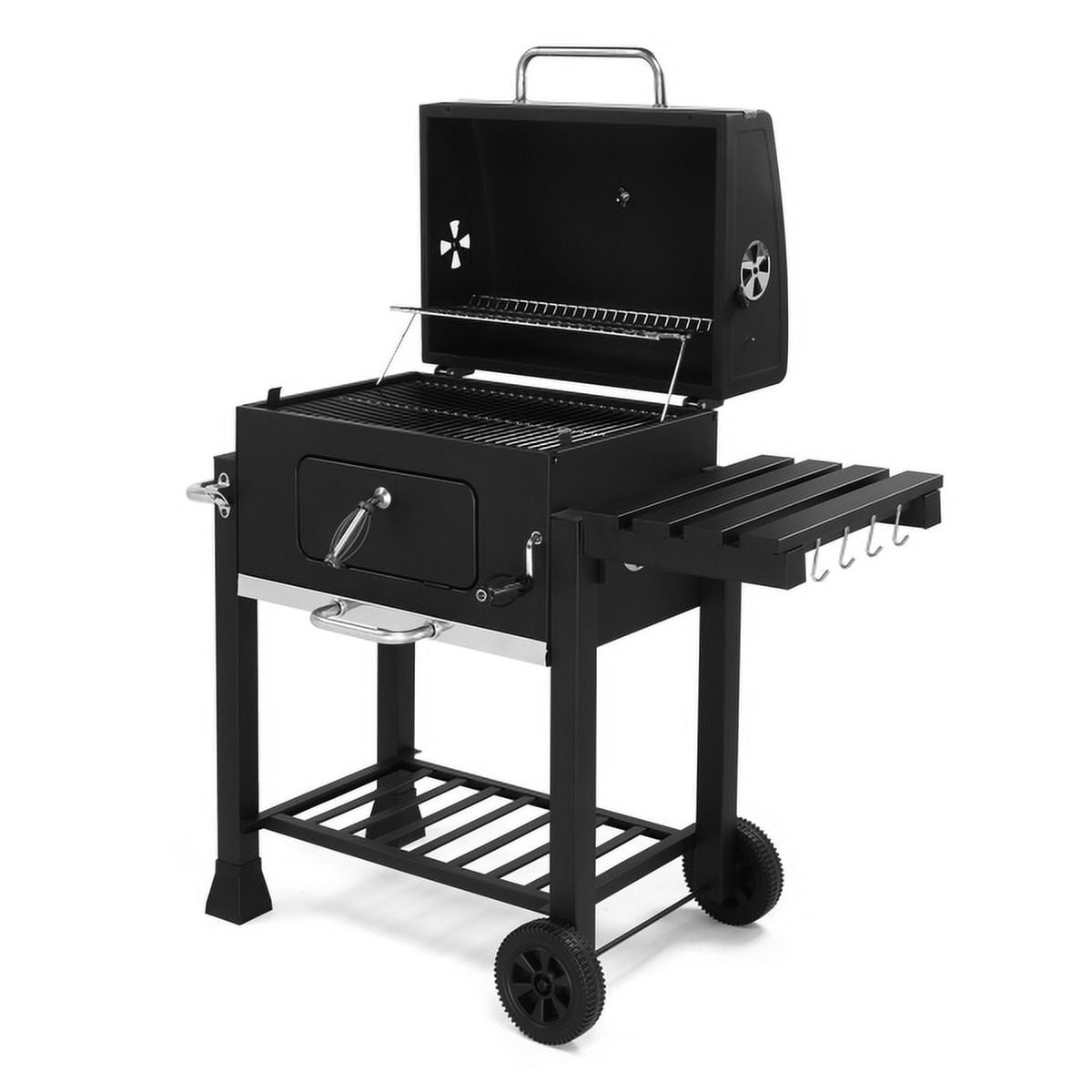 Heavy-Duty Charcoal Grill - Spacious Cooking Area, Height-Adjustable Charcoal Pan, Foldable Side Table & Wheels, for Backyard/Gatherings