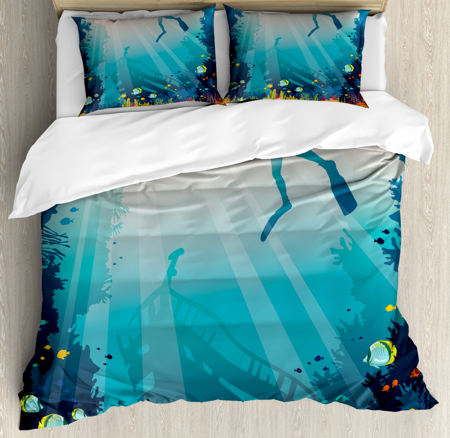 Ambesonne Sea Life Duvet Cover Set King size, Silhouette of A Scuba Diver Sunken Ship and Coral Reef, 3 Piece Bedding Set with 2 Pillow Shams, Pale Slate Blue
