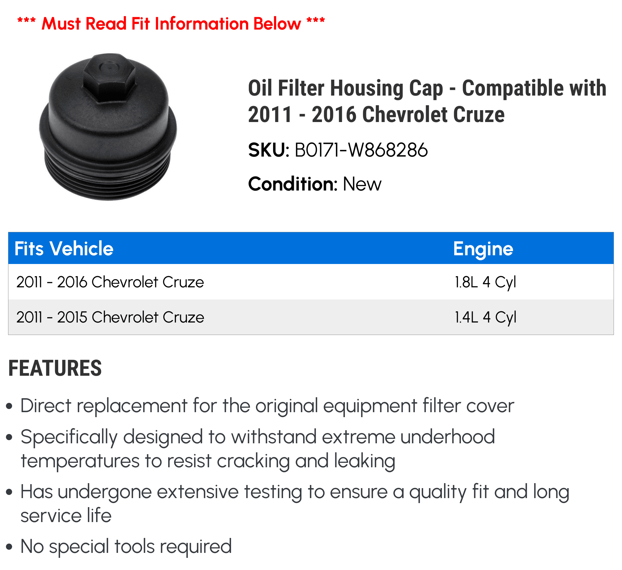 Oil Filter Housing Cap - Compatible with 2011 - 2016 Chevrolet Cruze - Dorman
