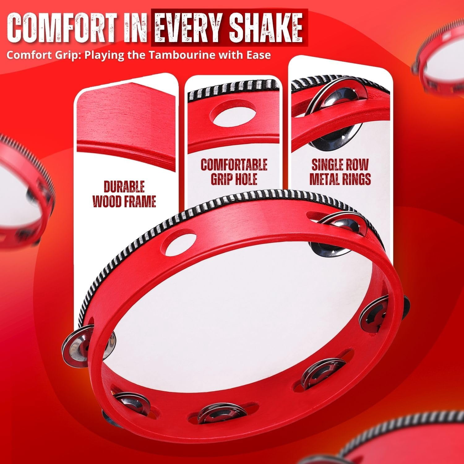 Flexzion Wooden Round Tambourine for Kids and Adults 10, 8, 6-Inch Single Row 8 Pair Jingles, Red Handheld Percussion Instrument for Beginner and Professional Tambourine Player, 3 Pack