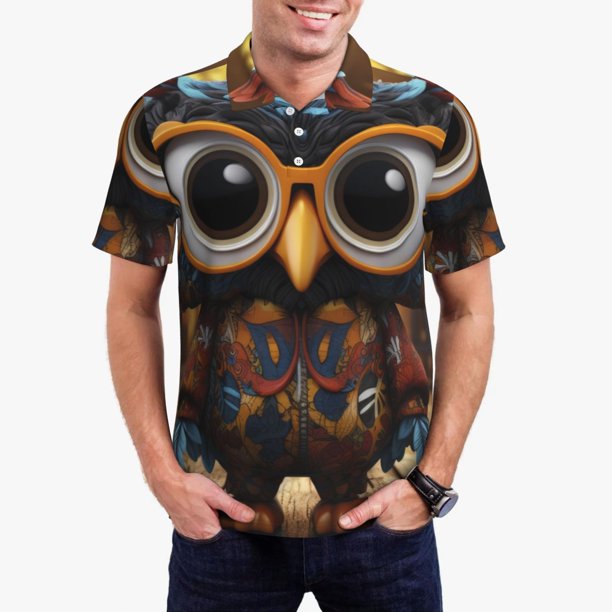 Fotbe Quirky Owl With Glasses Camiseta Polo de Golf para Hombre con Estampado – Camisa Deportiva Transpirable con Cuello Abotonado-4X-Large