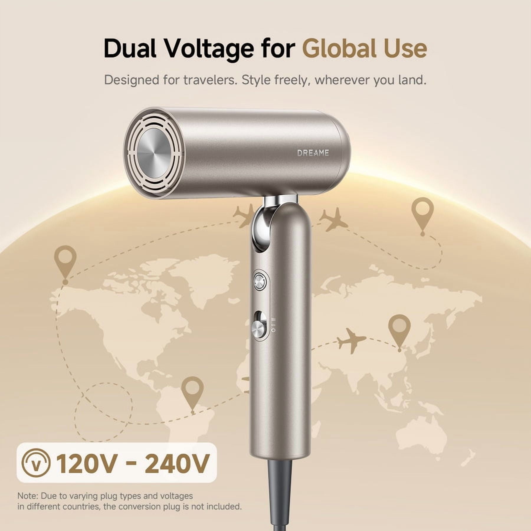 Dreame Pocket Hair Dryer - Ultra Lightweight Blow Dryer with 4 Styling Attachments, Fast Drying, 300M Negative Ions, Low Noise, Portable for Home & Domestic Travel & Gym,Gold