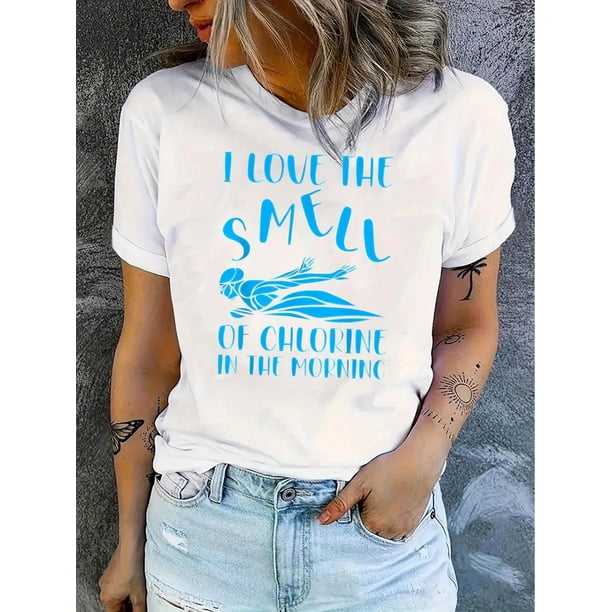 Women's Stylish Round Neck Short Sleeve T-Shirt with Creative Swimmer Print, Casual Summer Top, Comfortable Polyester Blend, Machine Washable, Leisure Wear | Playful Text Print | Comfortable Clothing