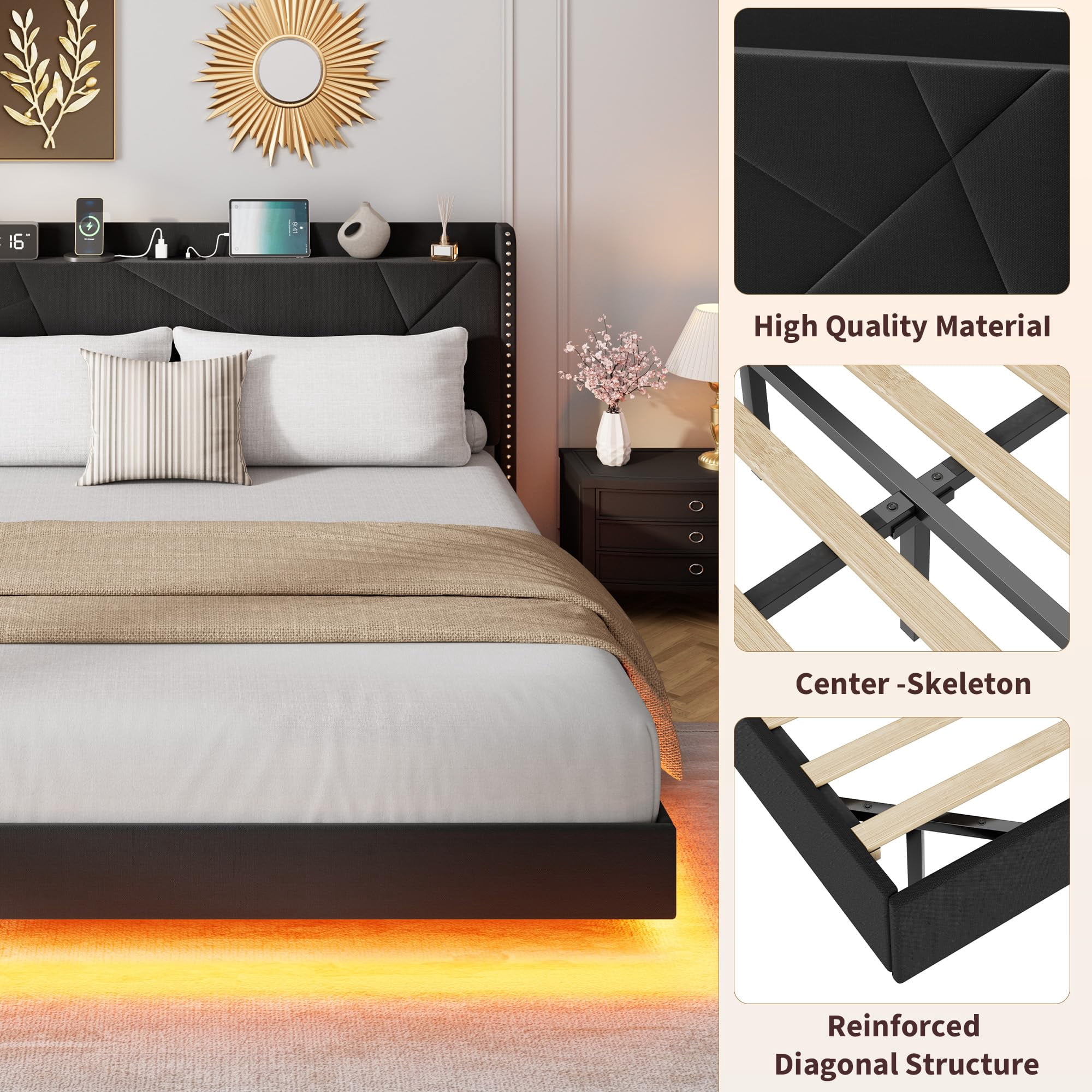 Huisuilinss Floating Bed Frame Full,Queen Size Upholstered Platform Bed With LED Lights & Charging Station,Storage Headboard & Folding Shelves Storage,Metal Slats Support,No Box Spring Needed