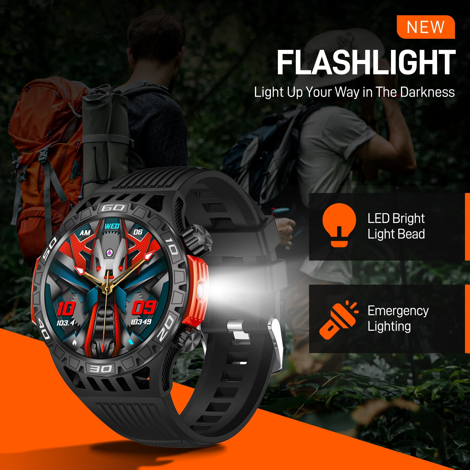 Military Smart Watch for Men with LED Flashlight Compass, Tactical Sport Smartwatch Activity Tracker with Sleep Monitor, 1.46" HD Rugged Bluetooth Smartwatch for Android iOS