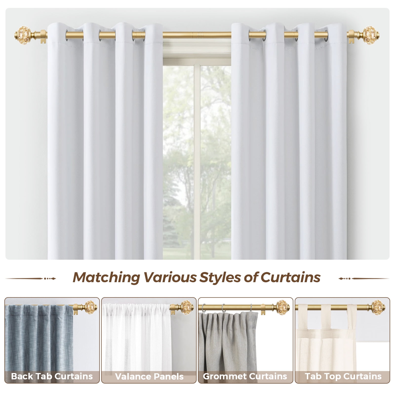 KAMANINA 7/8" Adjustable Single Curtain Rod with Translucent Finial, 28 - 48", Gold