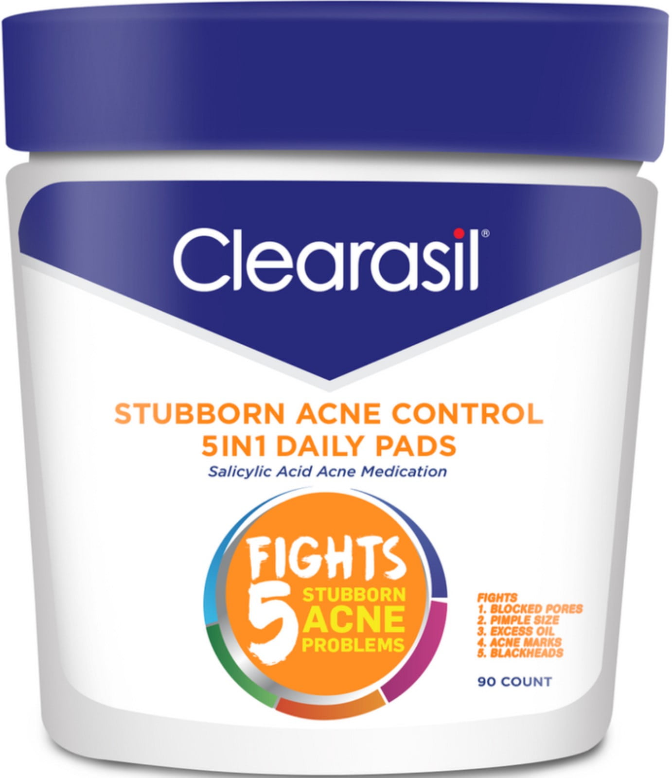 Clearasil Stubborn Acne Control 5in1 Daily Facial Cleansing Pads, 90 Count (Packaging may vary) (Pack of 3)