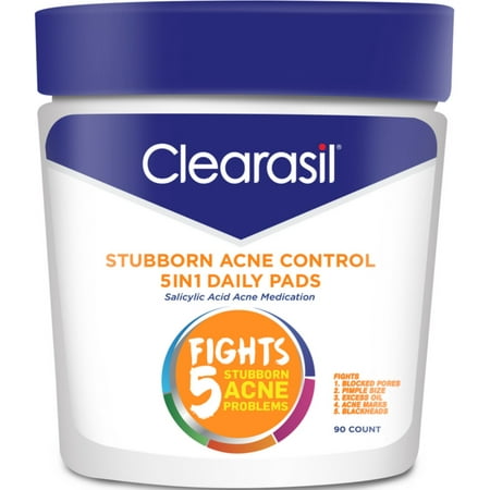 3 Pack - Clearasil Stubborn Acne Control 5in1 Daily Facial Cleansing Pads, 90 Count (Packaging may