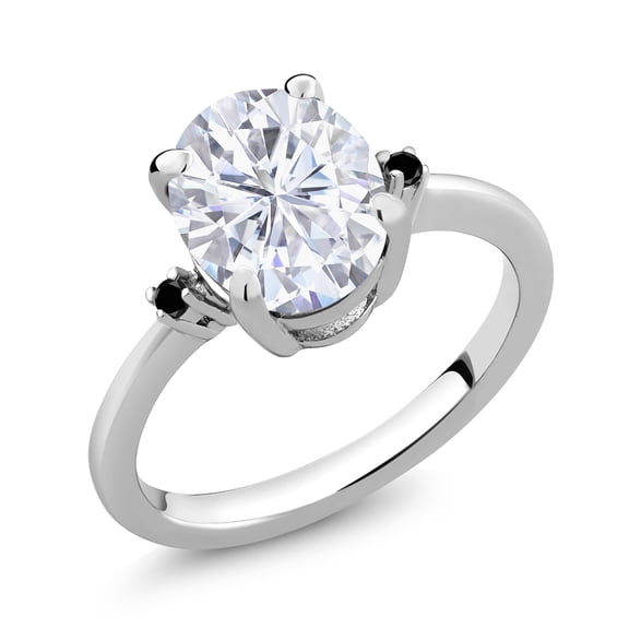 Gem Stone King 925 Sterling Silver White Moissanite and Black Diamond 3 Stone Ring for Women (3.03 Cttw, Oval 10X8MM, Gemstone Birthstone, Size 9)