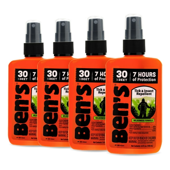 Ben's Tick & Insect Repellent - Travel Size Bug Spray with 30% DEET for Mosquitoes, Ticks & More - Up to 7 Hours of Protection - Fragrance-Free - 3.4 oz (4 Pack)