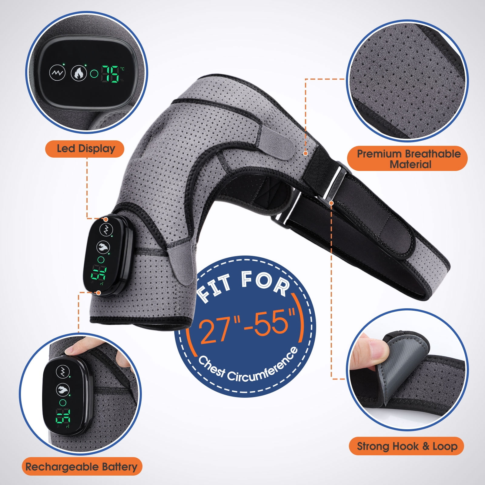 Heated Shoulder Brace Wrap,Electric Shoulder Heating Pad Massager ,Rechargeable Cordless Shoulder Massager with 3 Adjustable Vibrations for Men Women, Heated Shoulder Massage for Relax