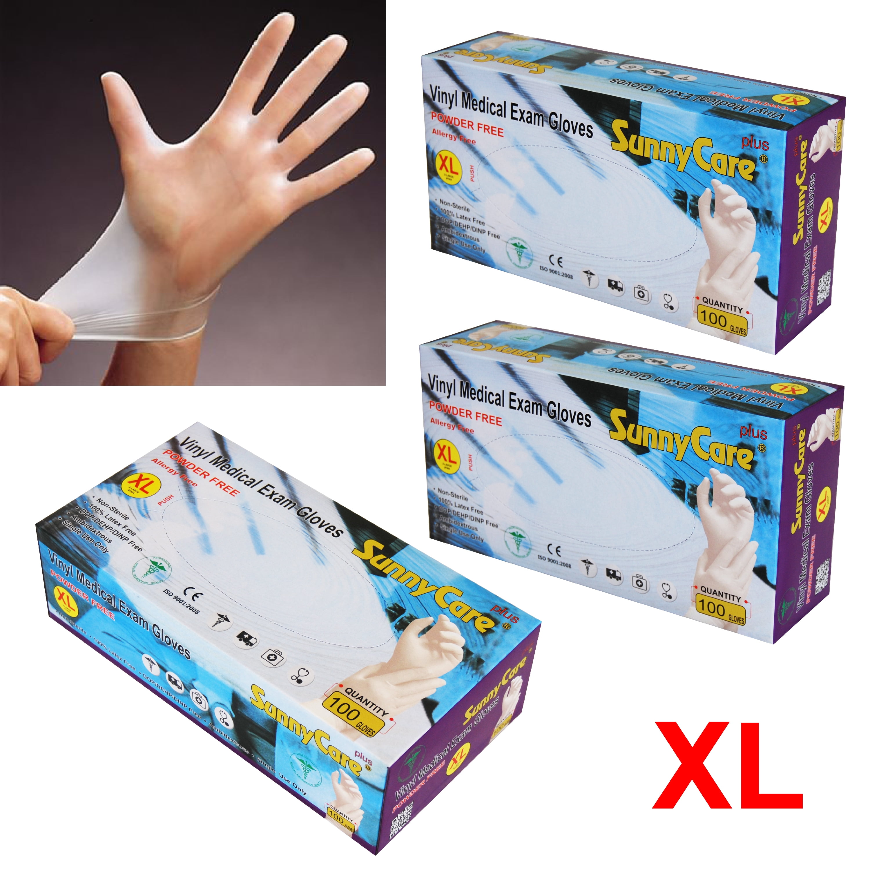 300Pcs SunnyCare Vinyl Exam Gloves Powder Free (Latex Nitrile Free) XL