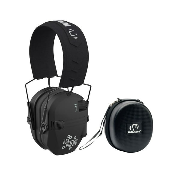 Walkers Razor Slim Electric Earmuffs with Cushioned Ear Cups and Built-In Speakers (Let Freedom Ring) Bundle with Walker's Hearing Protection Case (Black) (2 Items)