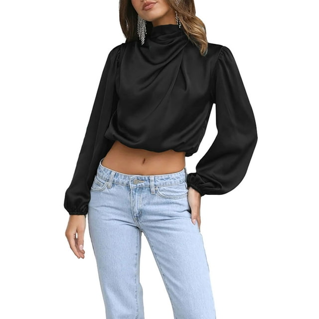 FOCUSNORM Hauts en Satin Printemps Automne pour Femmes Manches Longues Hauts Courts Col Montant pour Travail, Fête