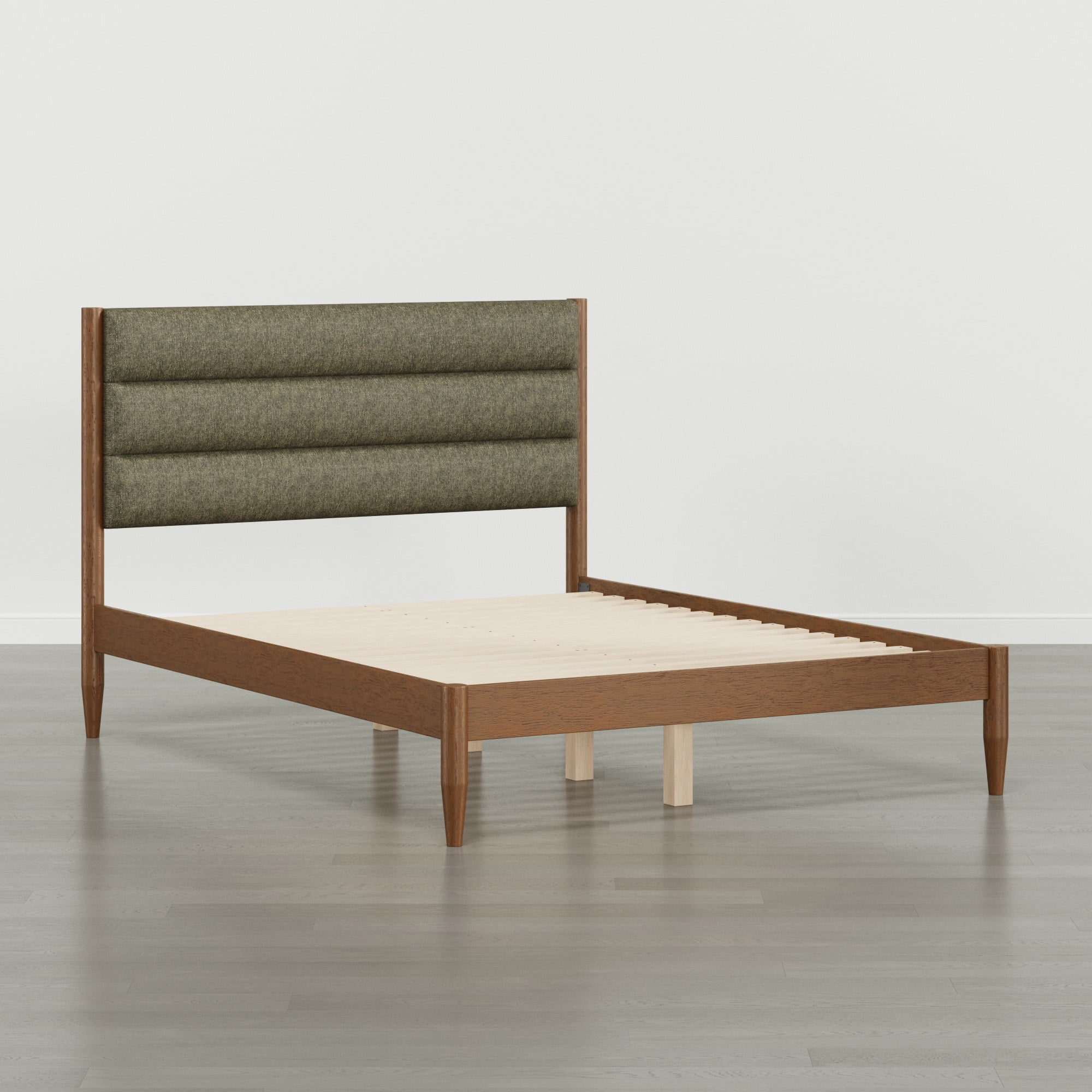 Spruce & Spring Farmhouse Queen Upholstered Bed Frame, Solid Rubberwood Frame, Sage Green Boucle Headboard, Noise-Free, No Box Spring Required, Walnut & Sage