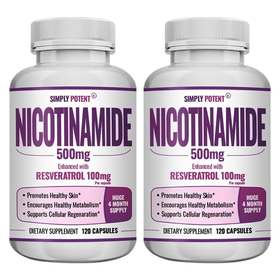 Simply Potent Nicotinamide 500mg with Resveratrol 100mg, 120 Veggie Capsules - Supports Metabolism, Immune Health