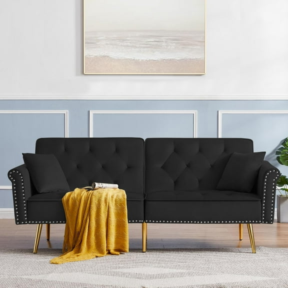 Velvet Sofa Bed,Convertible Folding Sleeper Couch with 2 Pillows,70" Tufted Loveseat Recliner with Golden Metal Legs for Living Room Apartment Office,Black