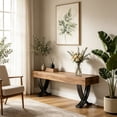 thumbnail image 3 of Fnova 55" Entryway Bench, Farmhouse Long Shoe Bench, Backless Wooden Seat for 2-3, End of Bed Stool with Metal X-Shaped Legs, Kitchen Table Seat Dining Seat for Entryway, Hallway, Living Room, 3 of 17