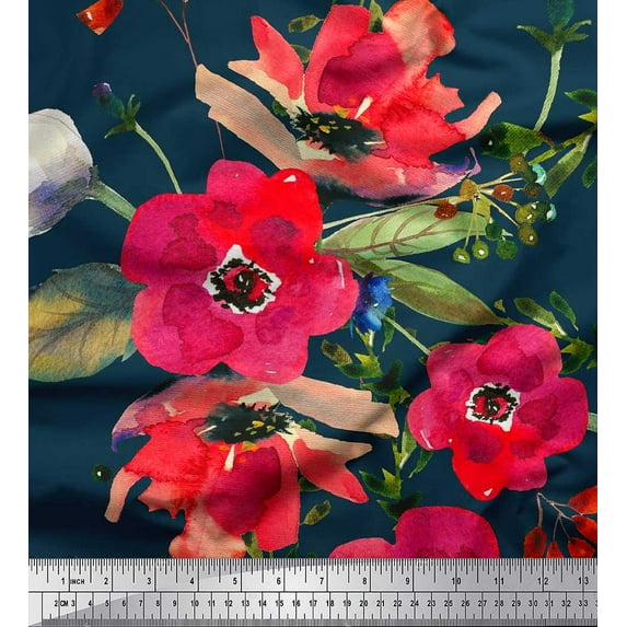Soimoi Cotton Voile Fabric Leaves & Poppy Flower Fabric Prints By Yard 42 Inch Wide