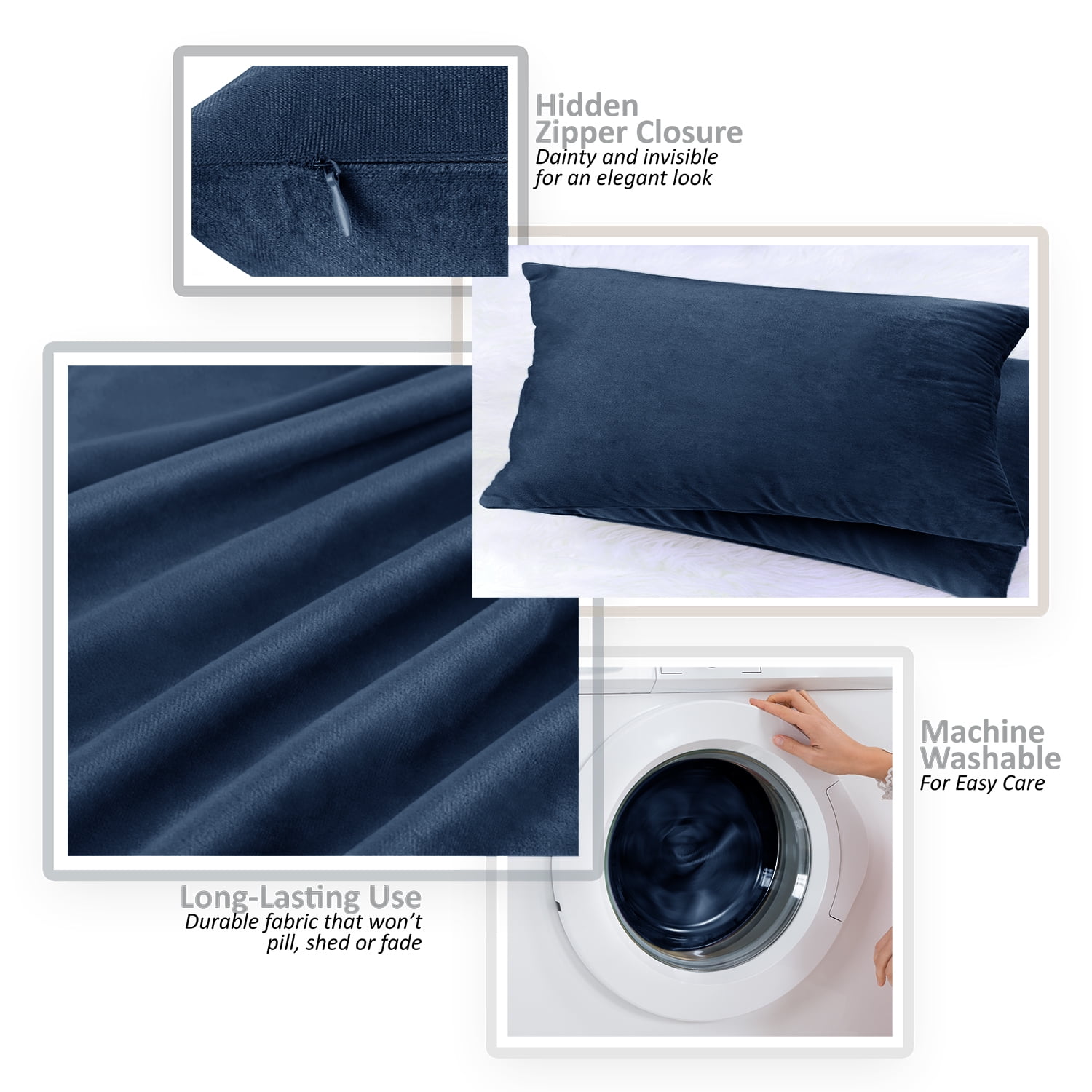 Clara Clark Plush Solid Decorative Microfiber Square Throw Pillow Cover with Throw Pillow Insert for Couch, Navy Blue, 22"x22"", 4 Piece Decorative Soft Throw Pillow Set