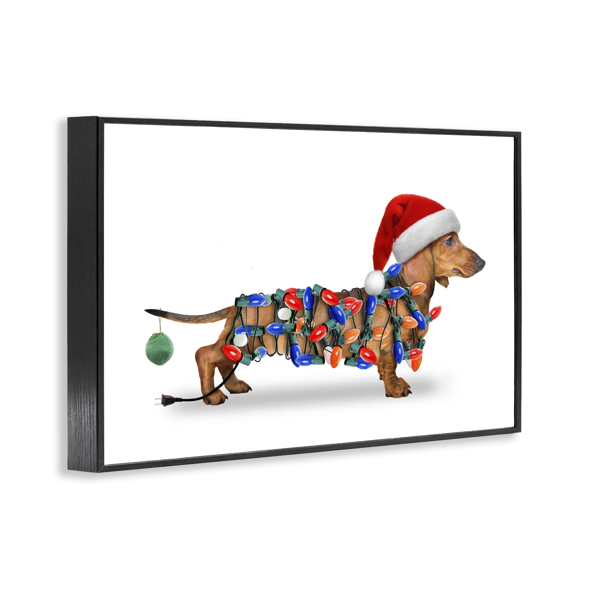 Stupell Industries Christmas Lights Wrapped Dog Holiday Painting Black Framed Art Prints Wall Art, 24 x 16