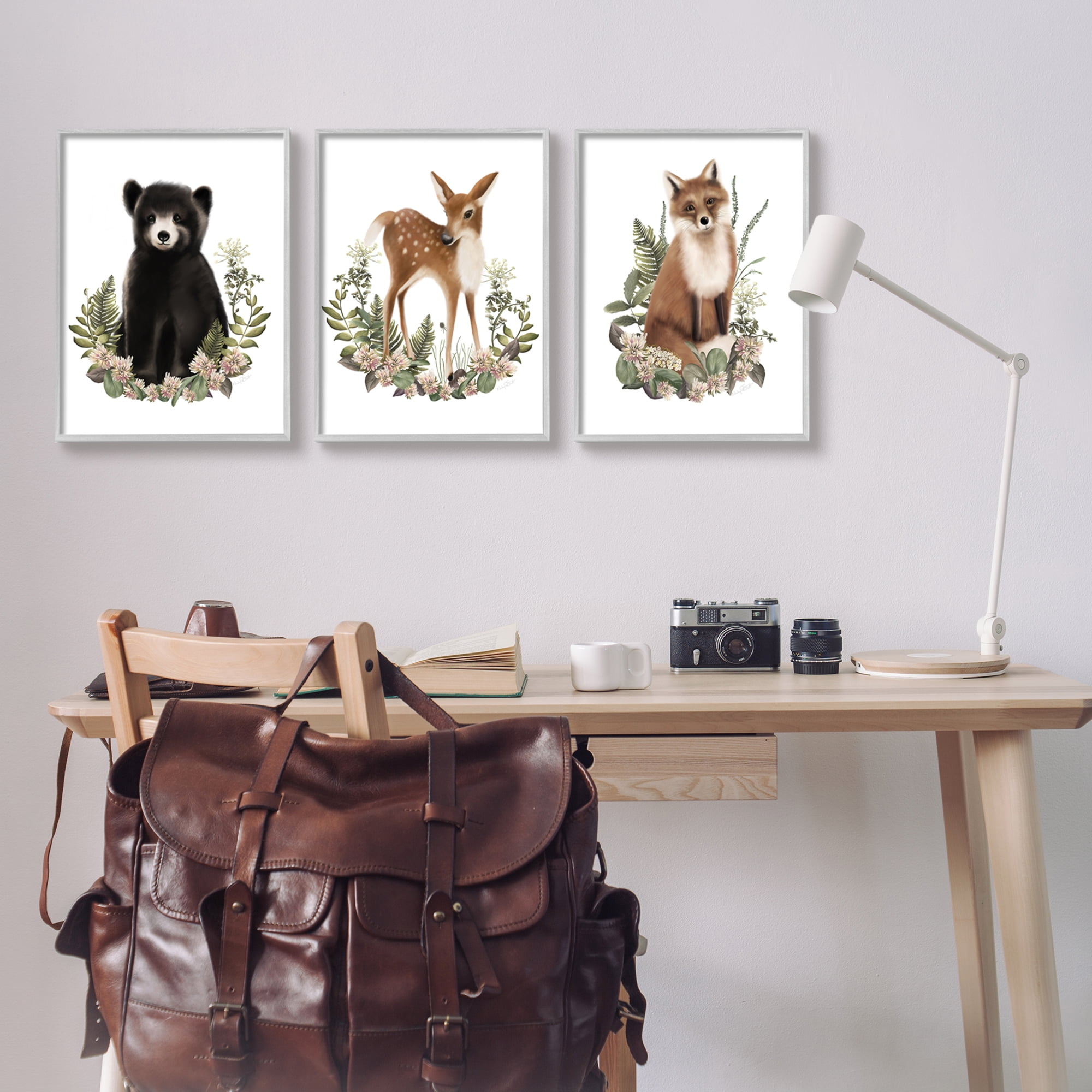 Stupell Industries Floral Woodland Animals Animals & Insects Painting Gray Framed Art Print Wall Art, 16 x 20