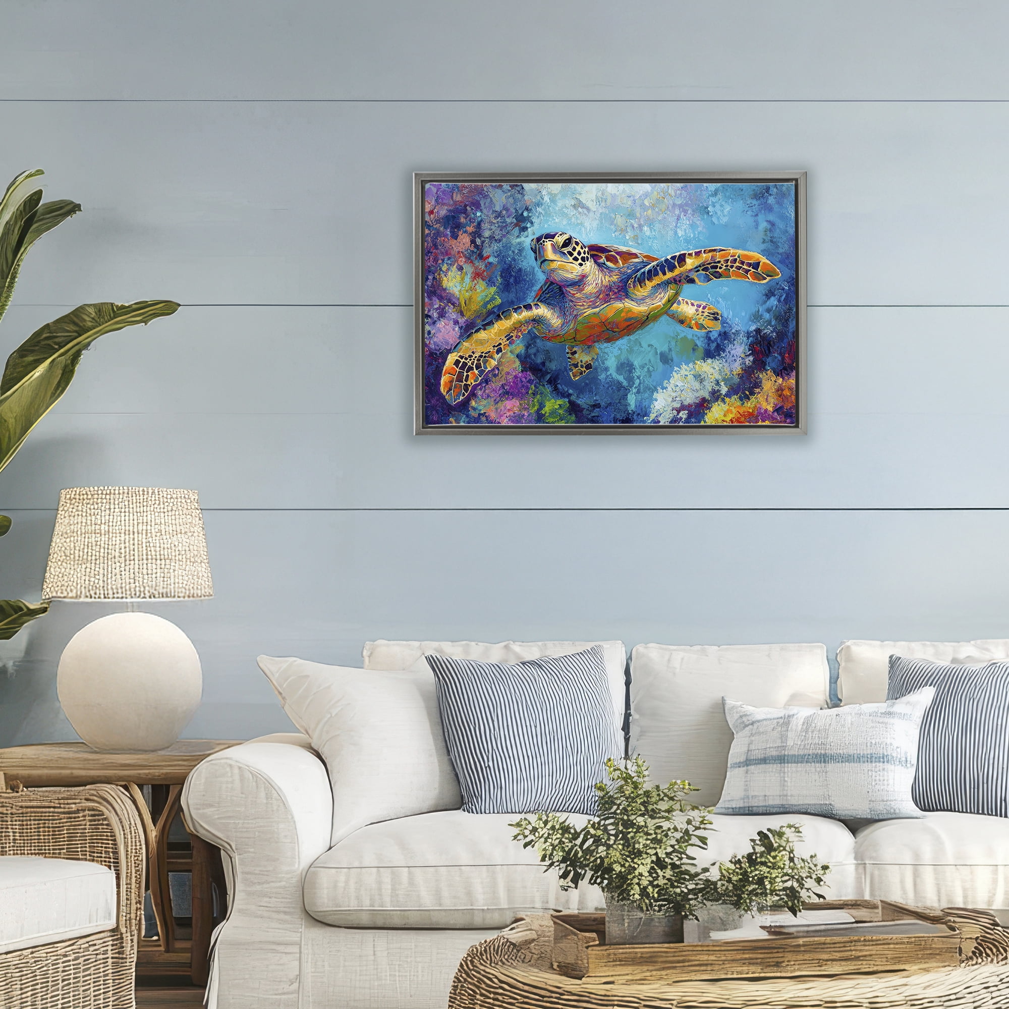 Stupell Industries Colorful Sea Turtle over Coral Gray Framed Floater Canvas Wall Art, design by Petal Prints Design
