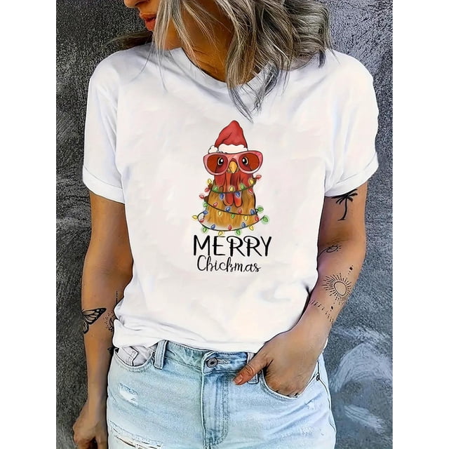Women's Festive Christmas Chicken Graphic Tee - Casual & Sporty Round Neck Short Sleeve, Comfortable Polyester Blend Summer Top with "Merry Christmas" Print, Machine Washable