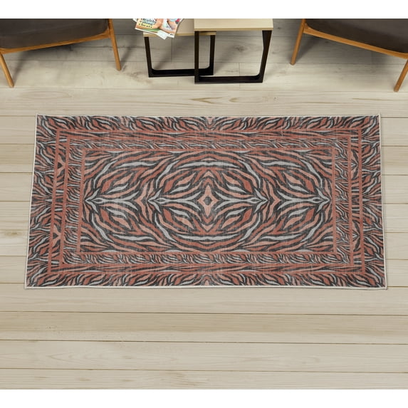 Abstract Decorative Rug, Modern Tiger Skin Inspired Print Leafy Shapes in Weathered Look Design, Quality Carpet for Bedroom Dorm and Living Room, 6 Sizes, Burnt Sienna, by Ambesonne