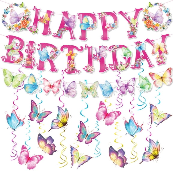 Butterfly Party Supplies Happy Birthday Banner and Hanging Swirls Double-Sided Cards Set Party Decoration