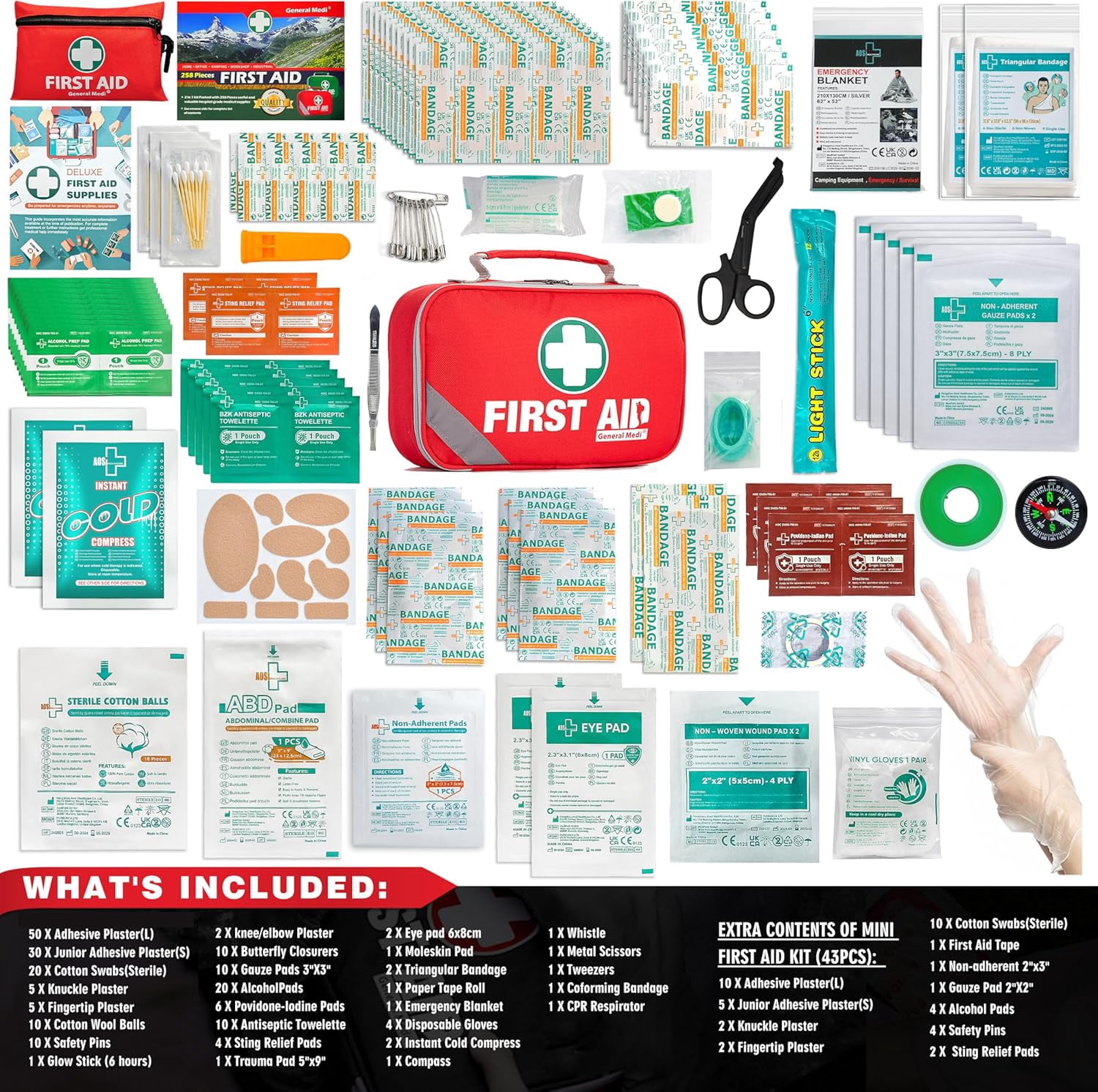 2-in-1 First Aid Kit (215 Piece Set) + 43 Piece Mini First Aid Kit -Includes Ice(Cold) Pack, Moleskin Pad and Emergency Blanket for Travel, Home, Office, Car, Workplace