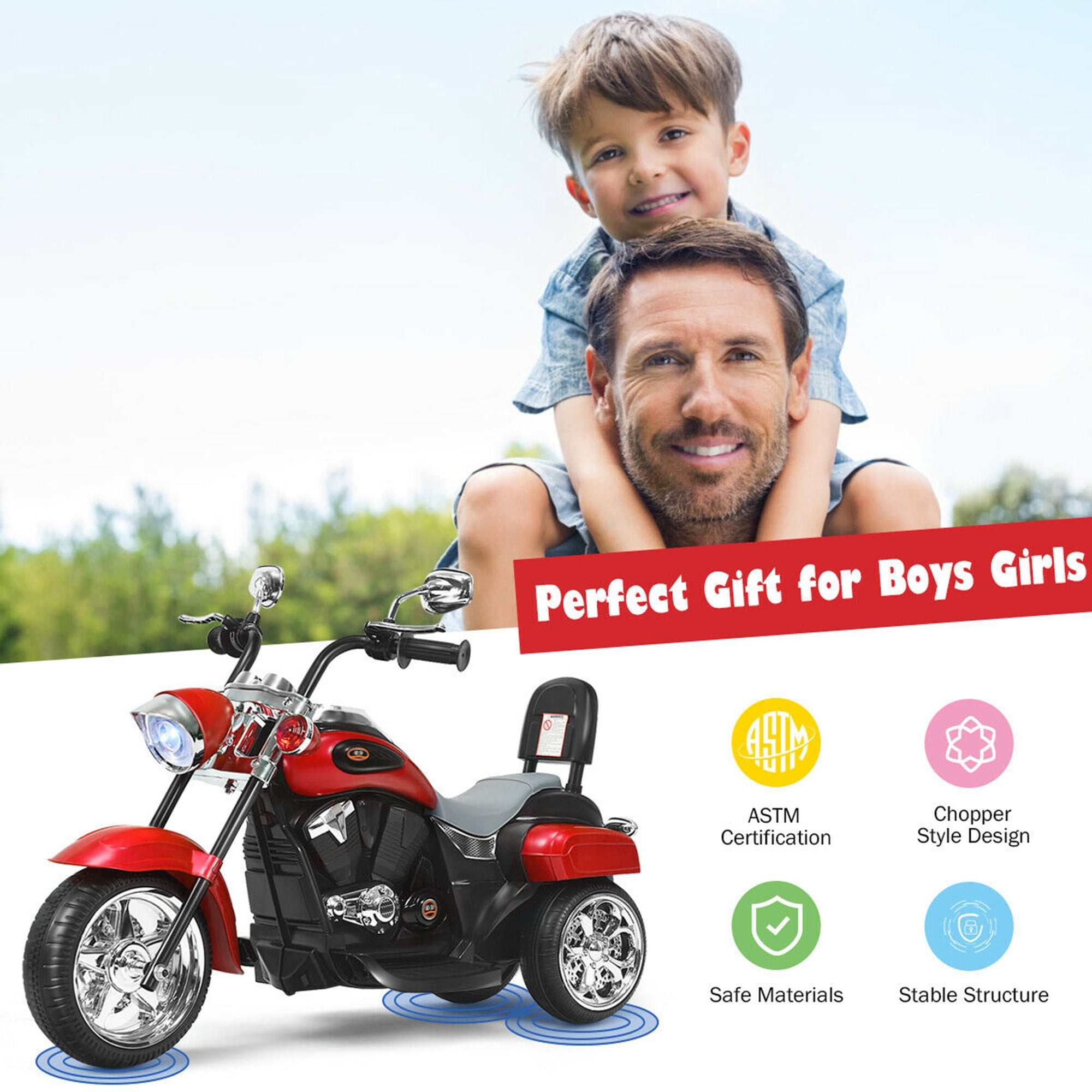 Gymax 6V Kids Ride On Chopper Motorcycle 3 Wheel Trike with Headlight Red