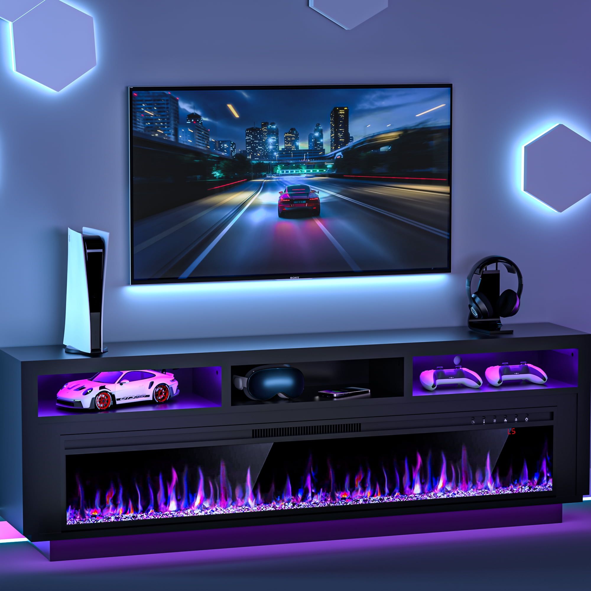 HARIPUL 58'' Fireplace TV Stand w/ LED Light & Storage Cabinet, Electric Fireplace for TVs up to 65 inches, Black