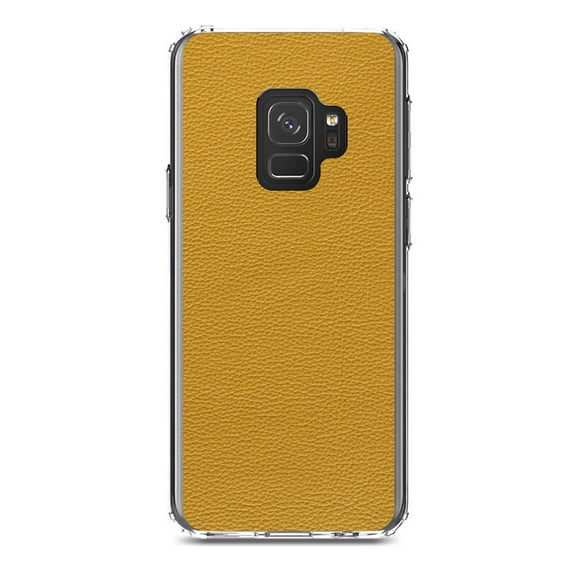 DistinctInk Clear Shockproof Hybrid Case for Samsung Galaxy S9 (5.8" Screen) - TPU Bumper, Acrylic Back, Tempered Glass Screen Protector - Yellow Faux Leather Print Design - Printed Leather Image
