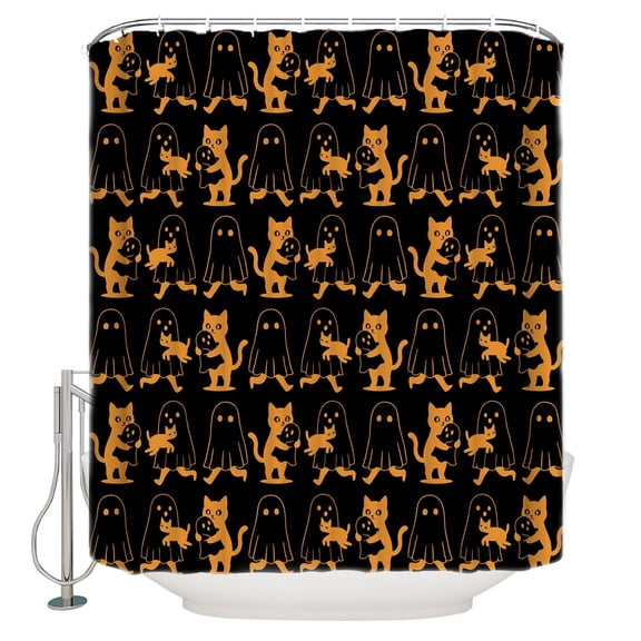 Halloween Bathroom Shower Curtains with 12 Hooks Polyester Waterproof Shower Curtain for Stalls and Bathtubs Black Orange Cartoon Scary Ghosts Cat Decorative Bathroom Privacy Curtain 72x72 Inches