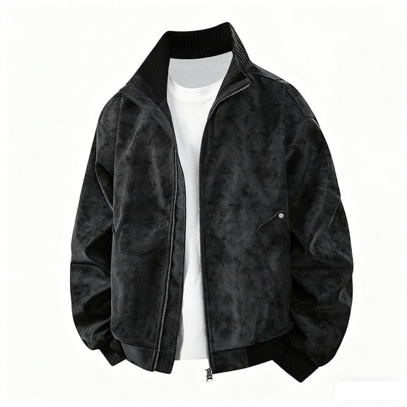 Men's PU Leather Jacket, Bomber Style with Stand Up Collar, Long Sleeve Design, Multiple Zipper Pockets, Lightweight and Casual for Outdoor Daily Wear