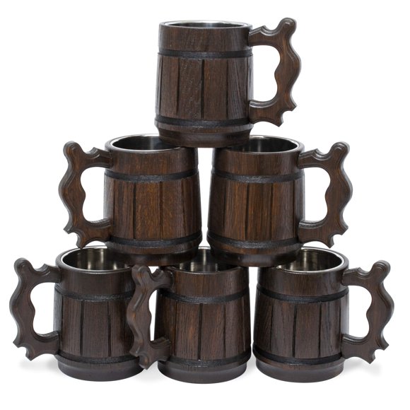 Ensemble de 6 Chopes à Bière Faites à la Main en Bois de Chêne et Acier Inoxydable Rétro Marron 16oz
