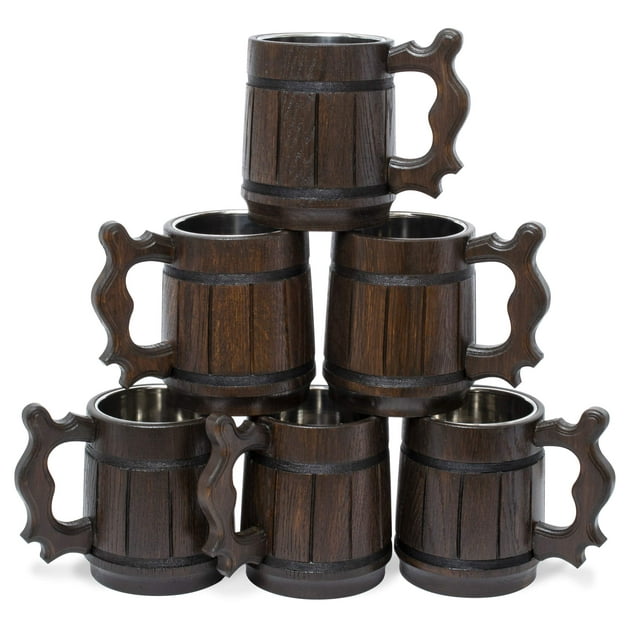 Ensemble de 6 Chopes à Bière Faites à la Main en Bois de Chêne et Acier Inoxydable Rétro Marron 16oz