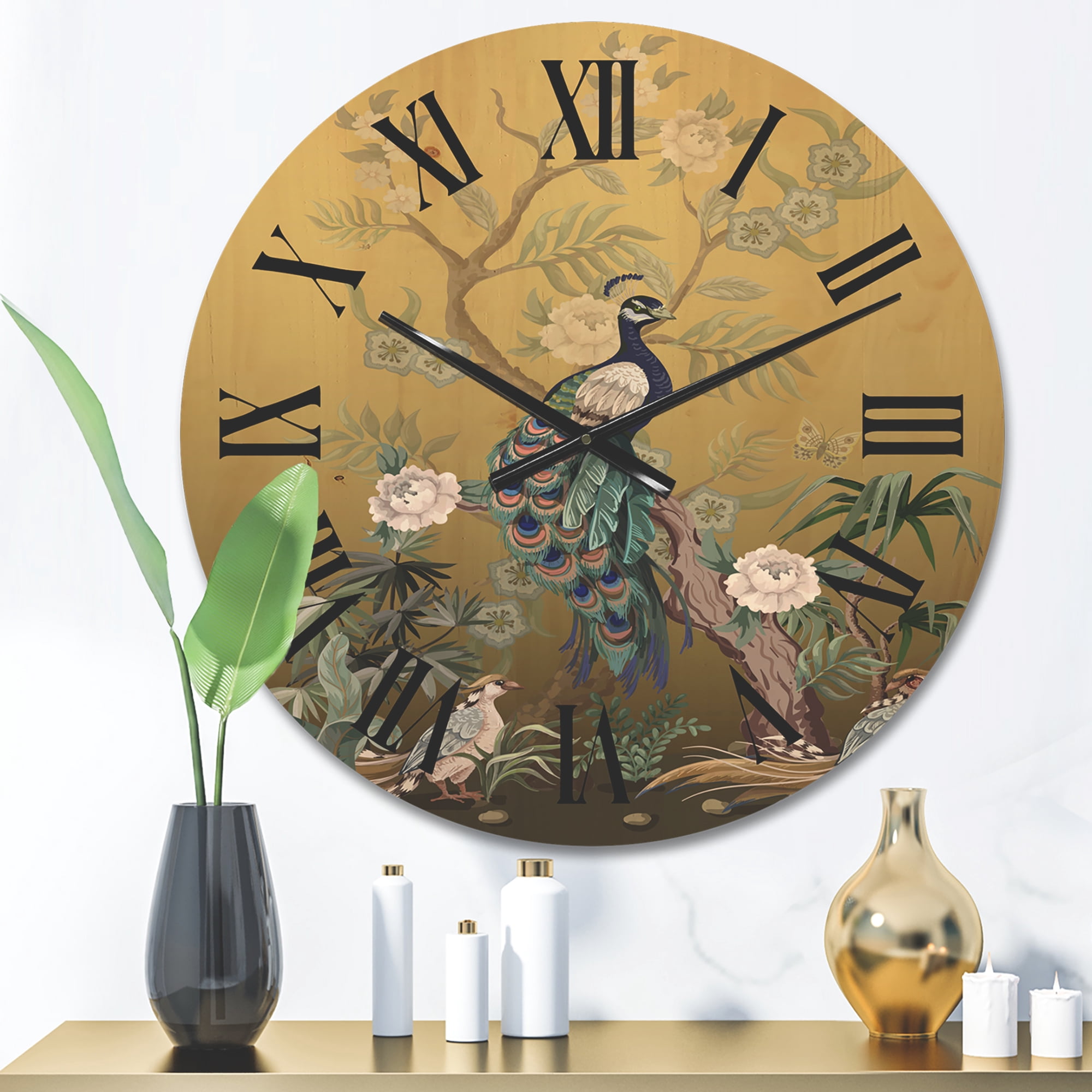 Designart 'Chinoiserie With Peonies and Birds VI' Traditional Wood Wall Clock