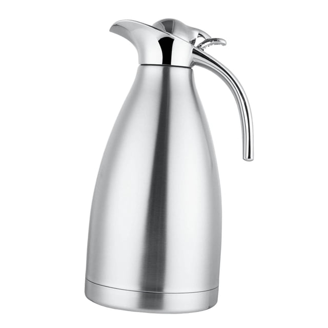 maskred Stainless Steel Thermal Coffee Carafe Water or Tea Dispenser for Juice Water Silver 2L. A silver thermal jug with double wall vacuum insulation for temperature retention, crafted from durable stainless steel. Features a curved spout, ergonomic handle, and silicone-sealed lid for airtight storage. Ideal for hot or cold beverages at home, office, picnics, or camping.