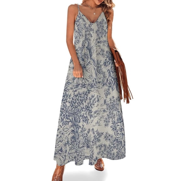 Blue Toile De Jouy Sleeveless Dress Loose Women's Dress Dresses Luxury Evening Dresses