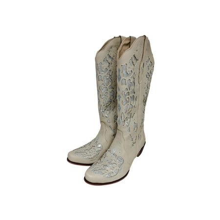 

Ymiytan Cowboy Boots for Women Rhinestone Pull-On Chunky Cowgirl Knee High Western Boots White 9