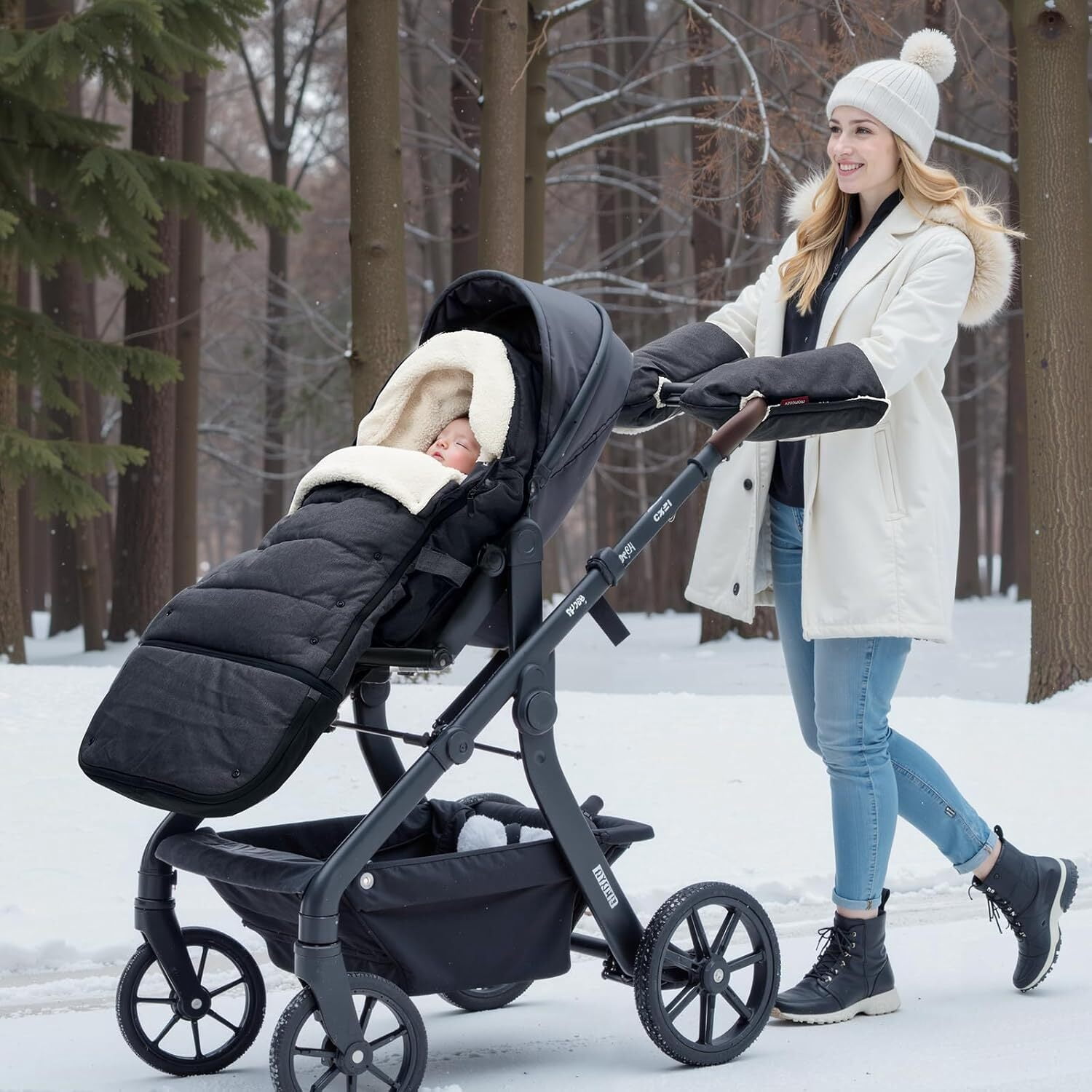 Momcozy Stroller Footmuff Universal | Easily Attaches to Most Strollers | Ultra-Plush,Weather-Proof | Deluxe Warm Stroller Bunting Bag | Extendable Stroller Cover for Winter | Adjustable Buckle,Black