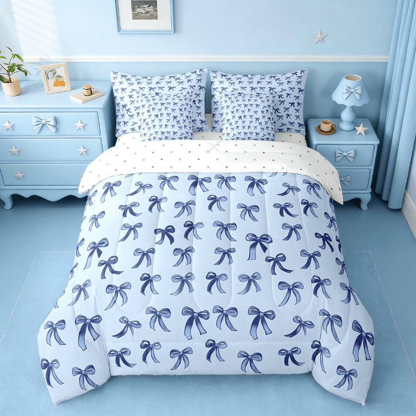 Manfei Cute Bowknot Bedding Comforter Set 7 Pieces,Girls Ribbon Bow Full Bedding Set,Dreamy Blue Fitted Sheet Flat Sheet For Girls,Super Cozy Bedroom Decor,Reversible