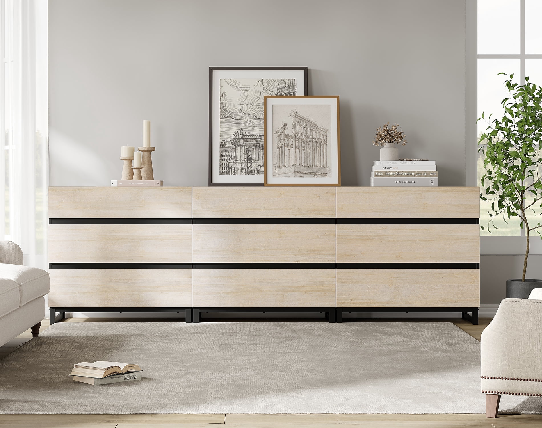 Modern Wood Dresser with 9 Drawers and Sturdy Metal Base, Multi-Functional Chest of Drawers Storage Organizer for Bedroom, Living Room, Hallway and Entryway, Beige